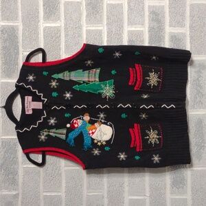 Star Blue Originals Black Christmas Cardigan Sweater Vest Tree Snowman Medium
